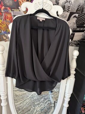 Philosophy Black Draped Surplice Blouse with Three-Quarter Sleeves